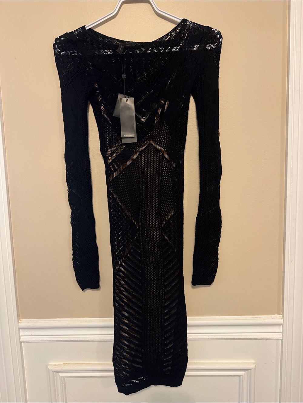 BCBG Black Crochet Knit Long Sleeve Dress - Sheer Geometric Design